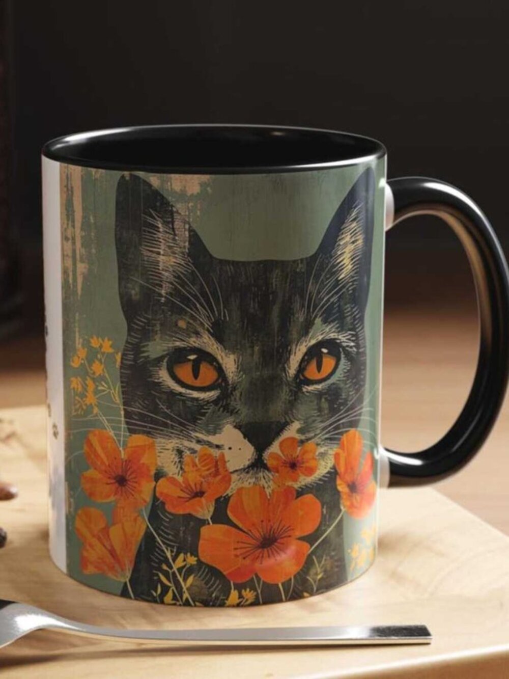 Black Cat with Orange Flowers Mug